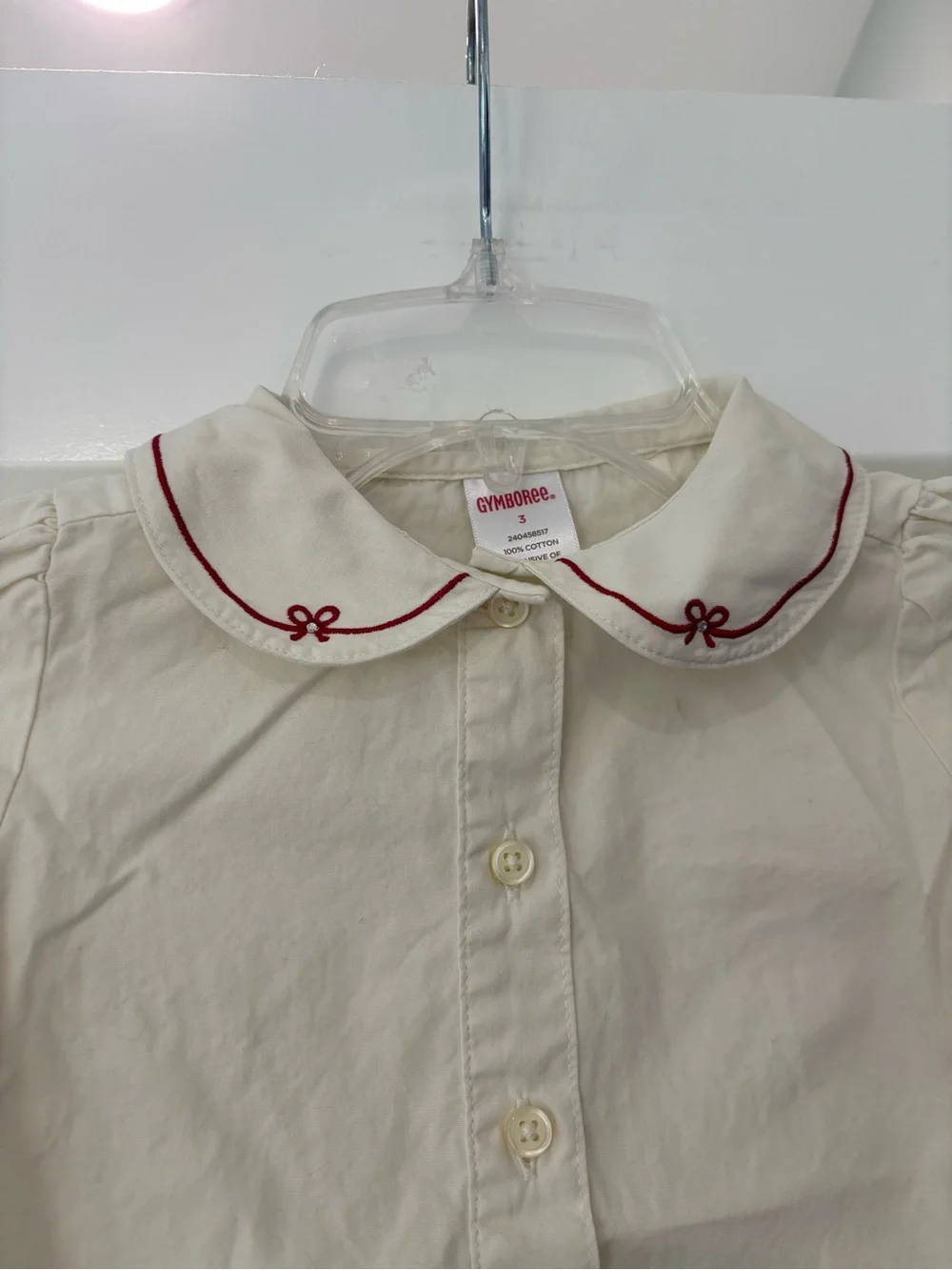 Gymboree Long sleeve Ivory Button up With Red bow embroidered collar 3t